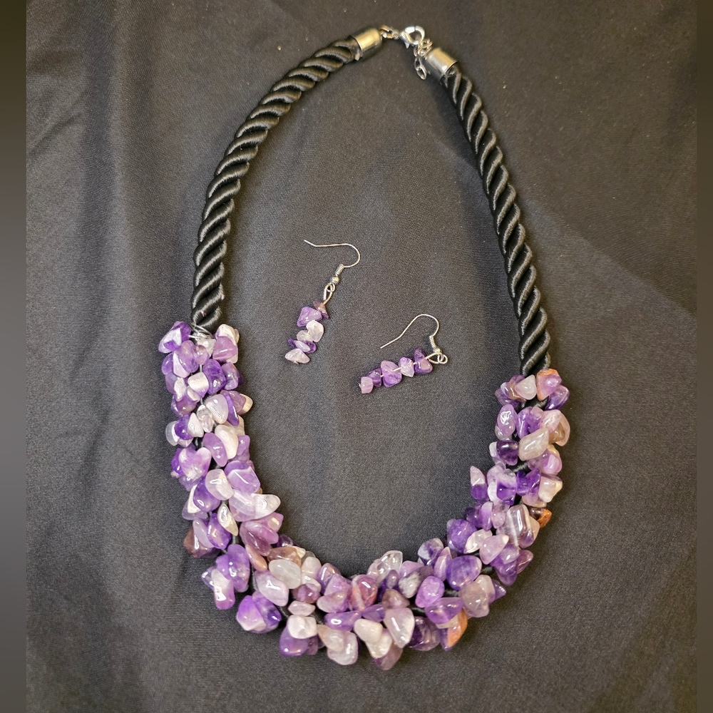Chunky Amethyst Chip Bead Necklace & Earring Set